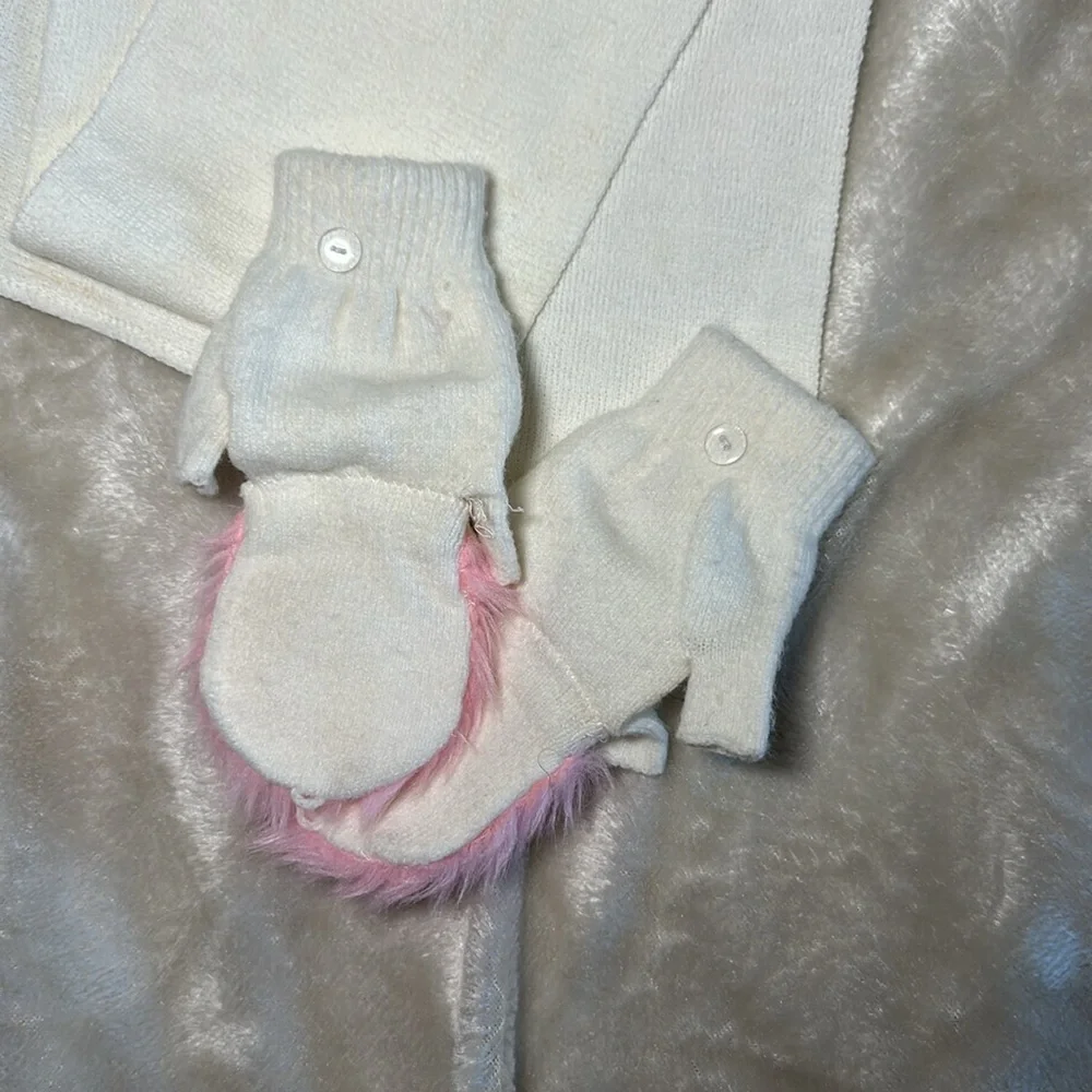White and pink Mittens fashion gloves for ki open fingers cure fur